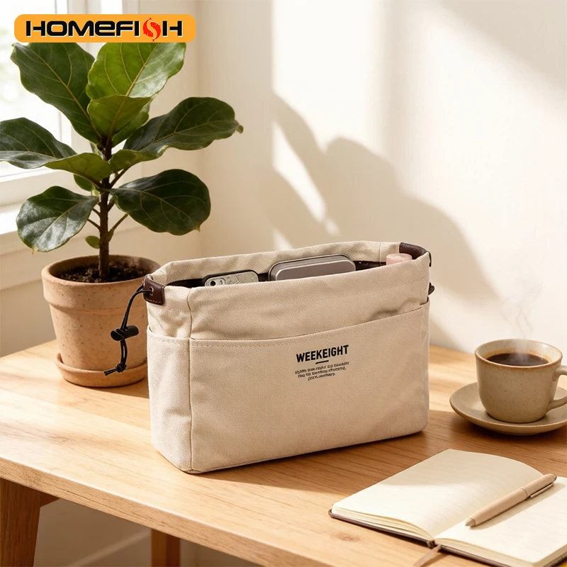 Off-white canvas cosmetic storage bag, waterproof pouch, multi-compartment travel accessory, sturdy wallet organizer, suitable f