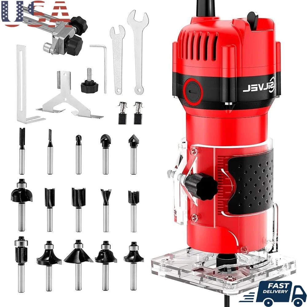 

800W Wood Router 1.25HP Electric Tool 30000 RPM Compact Trim Edge Router with 15 Pieces 1/4 Inch Router Bits Set Sturdy