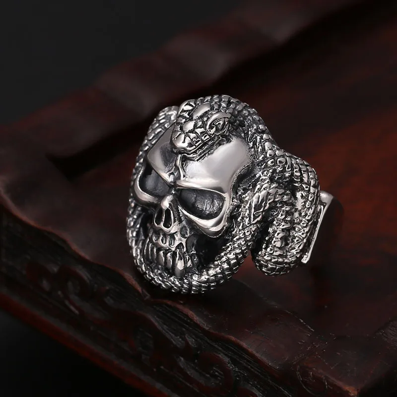 S925 sterling silver fashion ring wholesale vintage Thai silver personality skull snake adjustable open ring for men