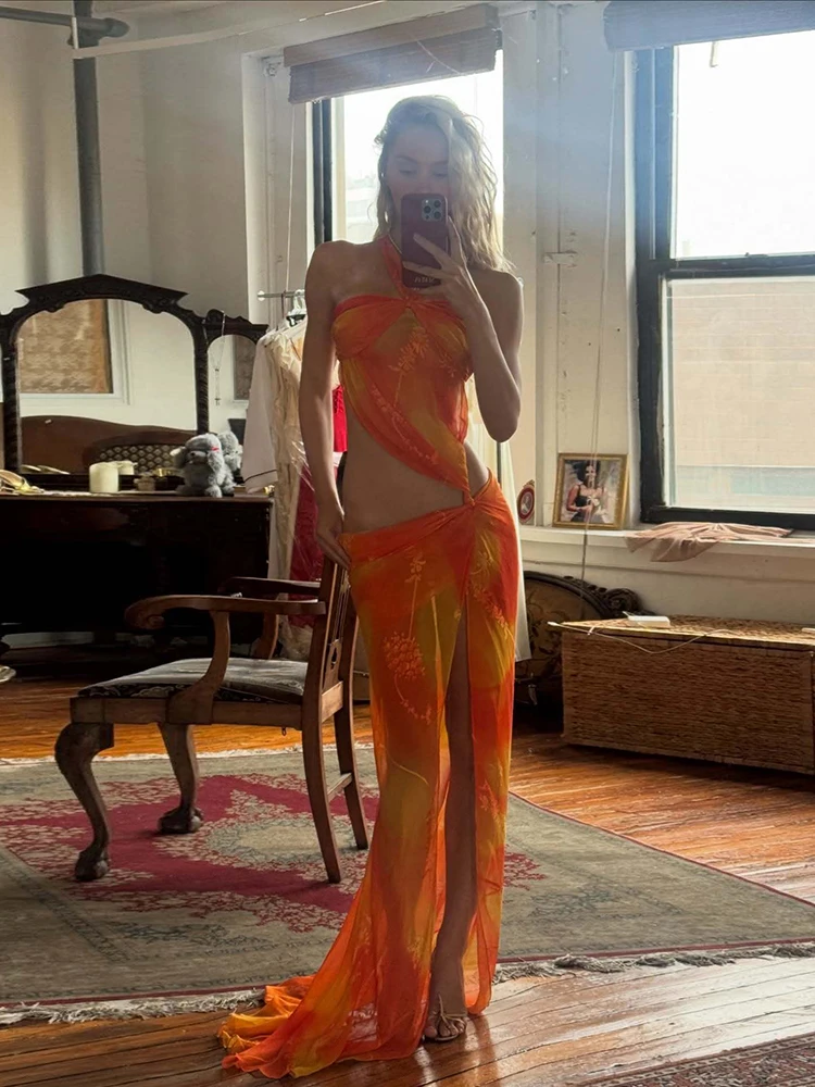 Vestido Largo Elegante y Colorido Kliou para Mujer, Sexy, Transparente, con Cuello Halter, Hombros Descubiertos, Espalda Descubierta, Aberturas Altas, para Fiesta de Graduación, Estilo Medianoche