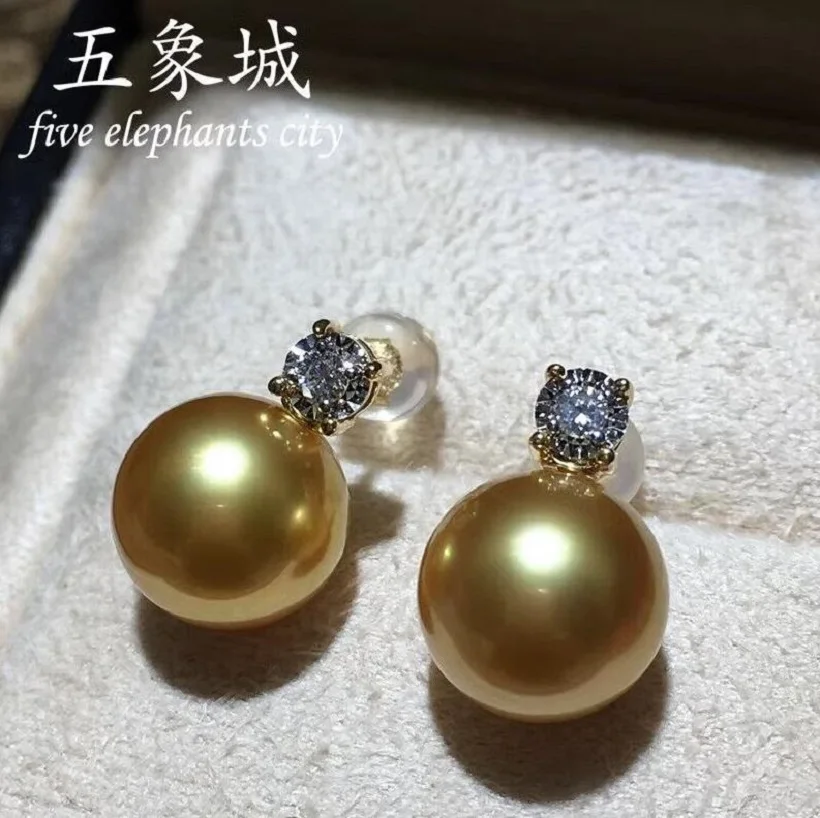 AAAA 10-11mm Natural South China Sea Gold Round Pearl Diamond Earrings 18K Gold