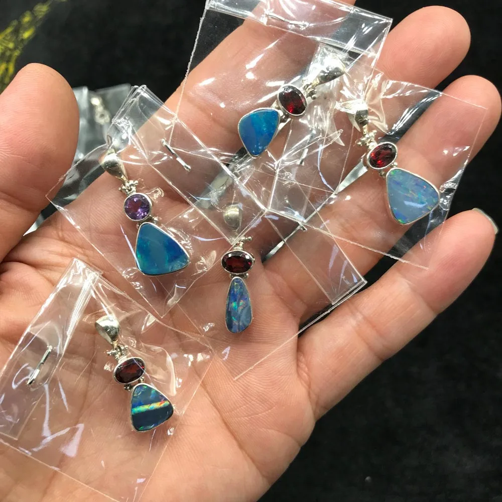 CSJ Natural Australia Opal Pendants Sterling 925 Silver Amethyst Garnet Necklace for Women Party Birthday Handmade Jewelry Gift