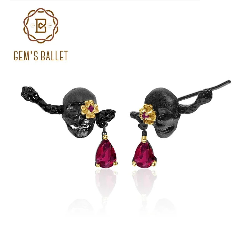 

GEM'S BALLET 925 Sterling Silver Handmade Skull Earrings 1.26Ct Natural Ruby Gemstone Stud Earrings For Women Fine Jewelry