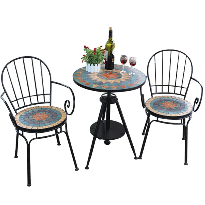 wrought iron outdoor tables and chairs, courtyard open-air mosaic small coffee table, balcony creative