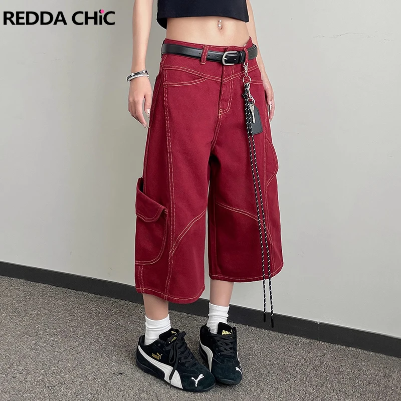 

ReddaChic Seams Patchwork Cargo Pants Boyfriend Barral Multi-pocket High Waist Baggy Jeans Shorts Retro Hip Hop Women Clothes