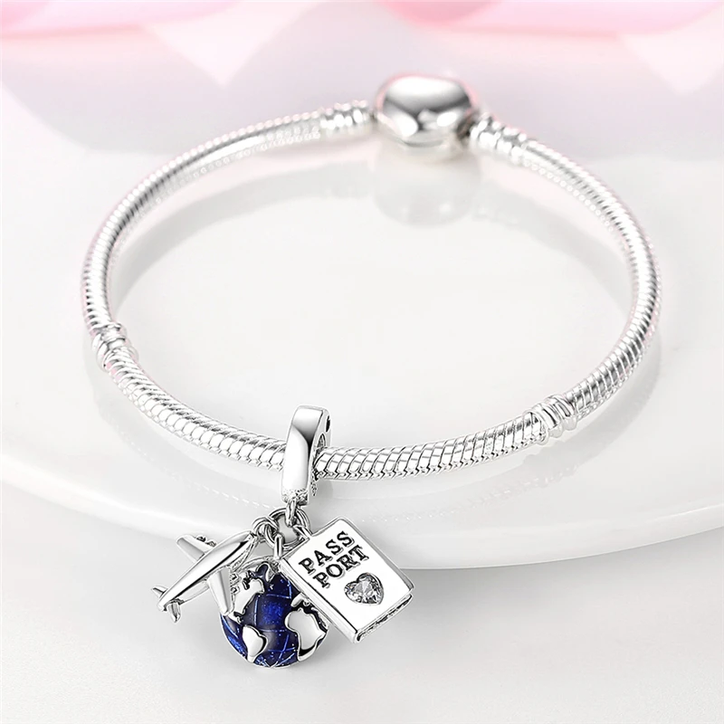 925 Sterling Silver Blue Devil Eyes Charms Airplane Globe Earth Suitcase Travel Fit Original Bracelet For Women DIY Jewelry Bead