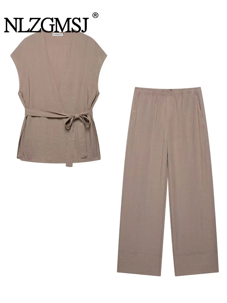 2025 Summer Pajama Style Chic Solid Women Suit Lace-up V-Neck Sleeveless Top Loose Long Pants New Fashion Basics Sets