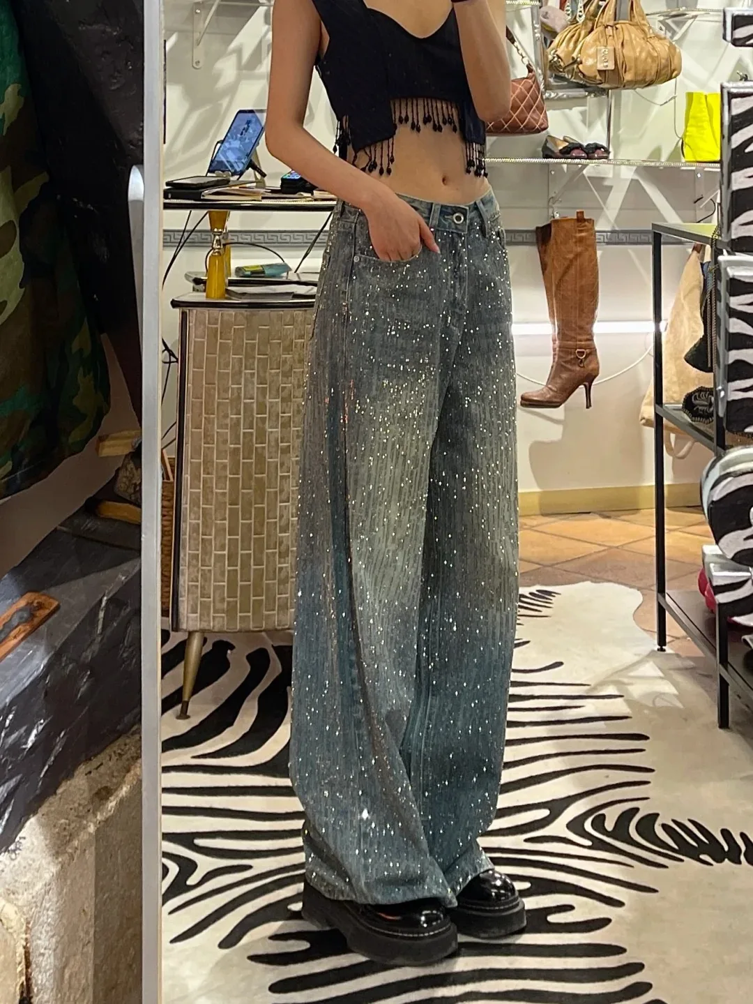 المرأة Y2k فضفاض الجينز Harajuku خمر حجر الراين سراويل جينز اليابانية 2000s نمط كبير الحجم واسعة الجينز السراويل الطويلة الملابس