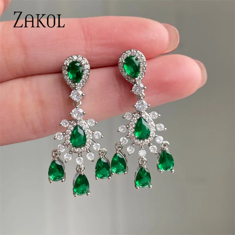 ZAKOL New Exquisite Clear Geometric Water Drop AAA Zirconia Dangle Earrings Vintage Green CZ Party Jewelry for Women EP5426