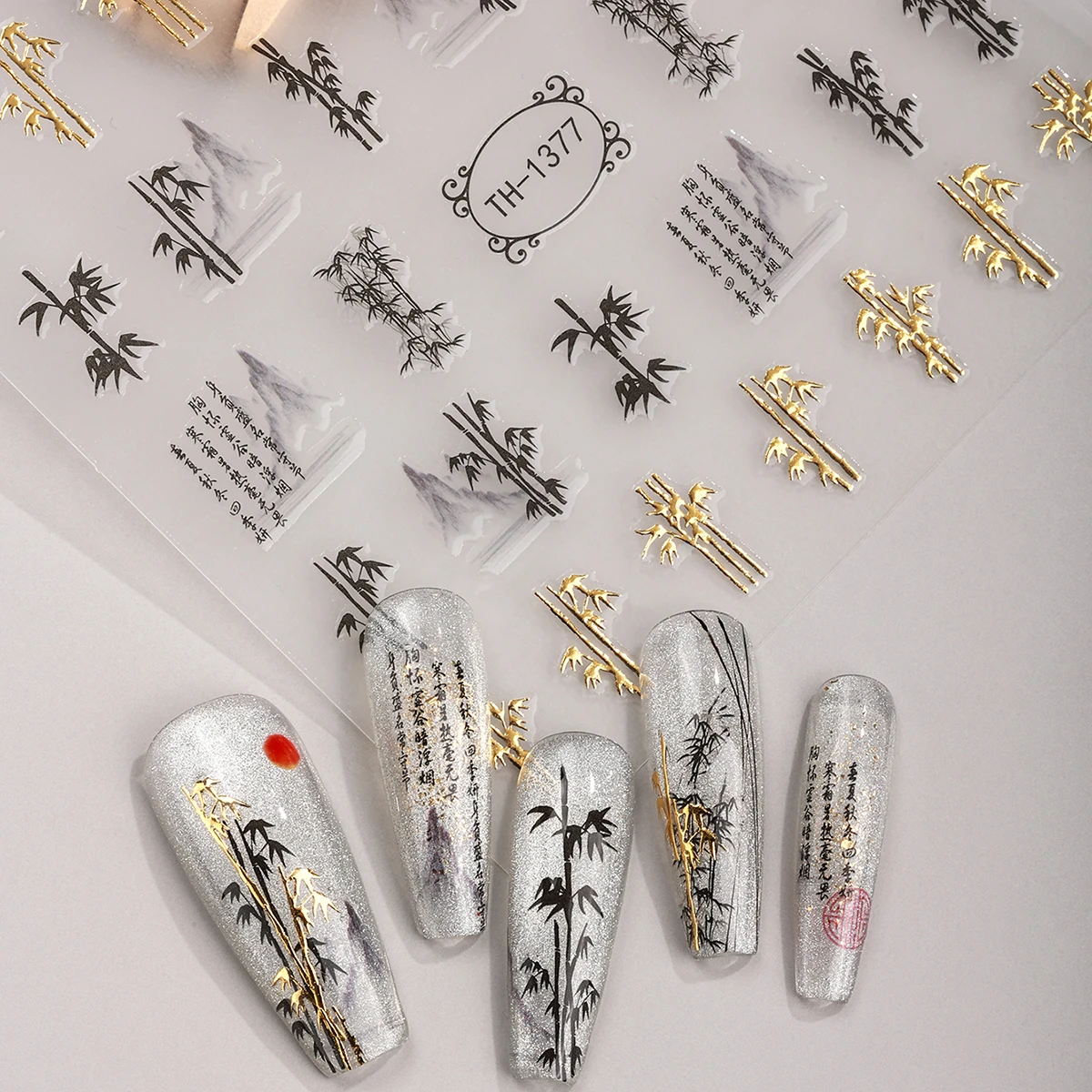 3D Lotus Bamboo Plum Blossom Nail Stickers Chinese Ink Style Self-Adhesive Nail Art Decals DIY Manicure Decorations