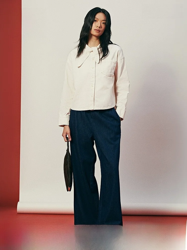 

Женская рубашка H&M: весенняя модная модель с воротником-шарфом, длинными рукавами, из вельвета, для повседневной носки, с пуговицами и карманами, из смесового хлопка