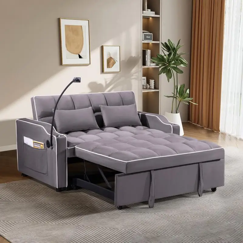 Multi-Functional Foldable Sofa Bed, 3 Sizes, Modern Design, Upgraded Suede Fabric, Adjustable Backrest, USB Port, Ashtray,