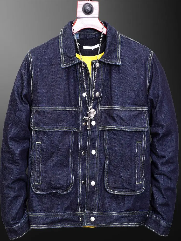 

Мужская джинсовая куртка Yezoe из хлопка, осенне-зимняя, свободного кроя, повседневная, темно-синяя, модная, молодежная верхняя одежда