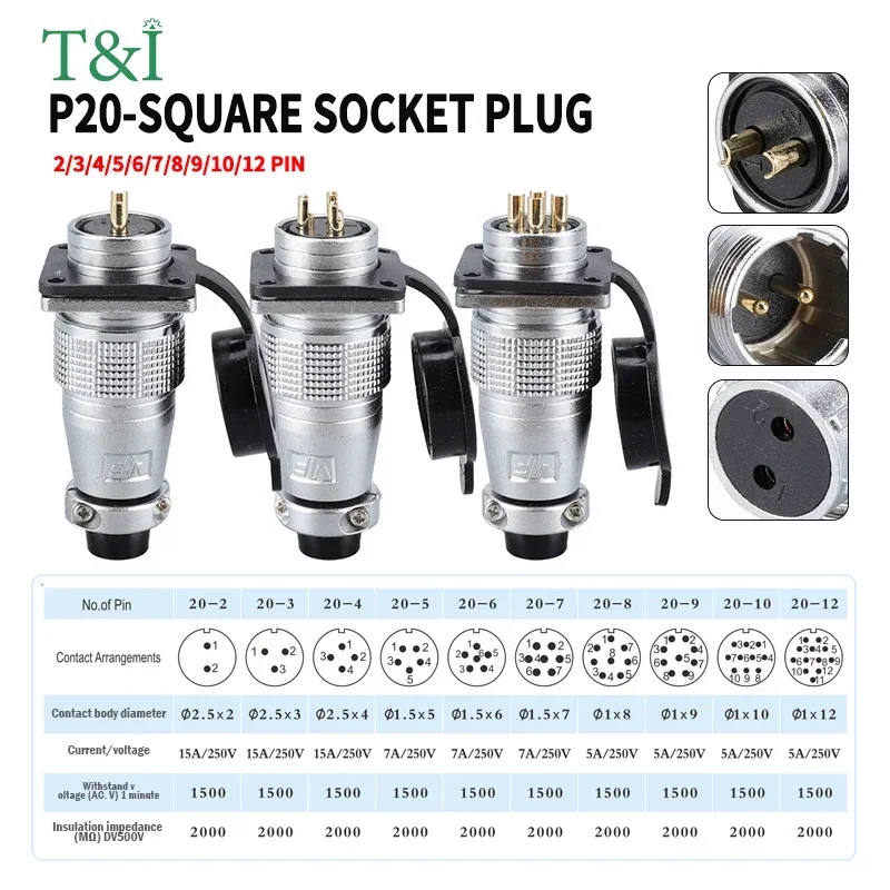 

P20 Aviation Plug Square Plate 2/3/4/5/6/7/8/9/10/12Pin Connector Copper Male Female Connector 20MM Diameter