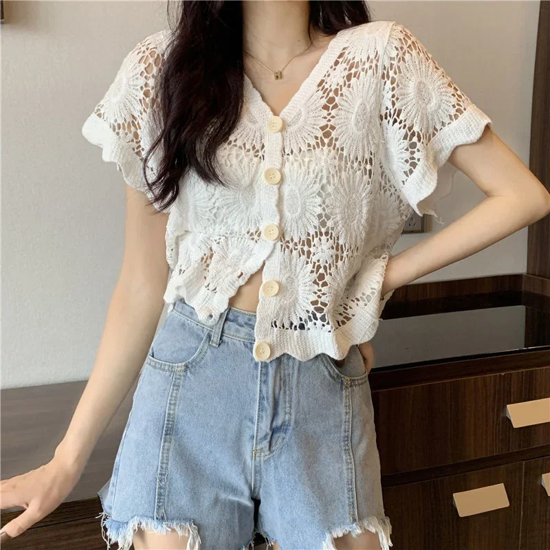 Summer 2023 Women\'s v Neck Cardigan Short Sleeve Shawl Top Vintage Clothes for Women Tops Shirts Blouses