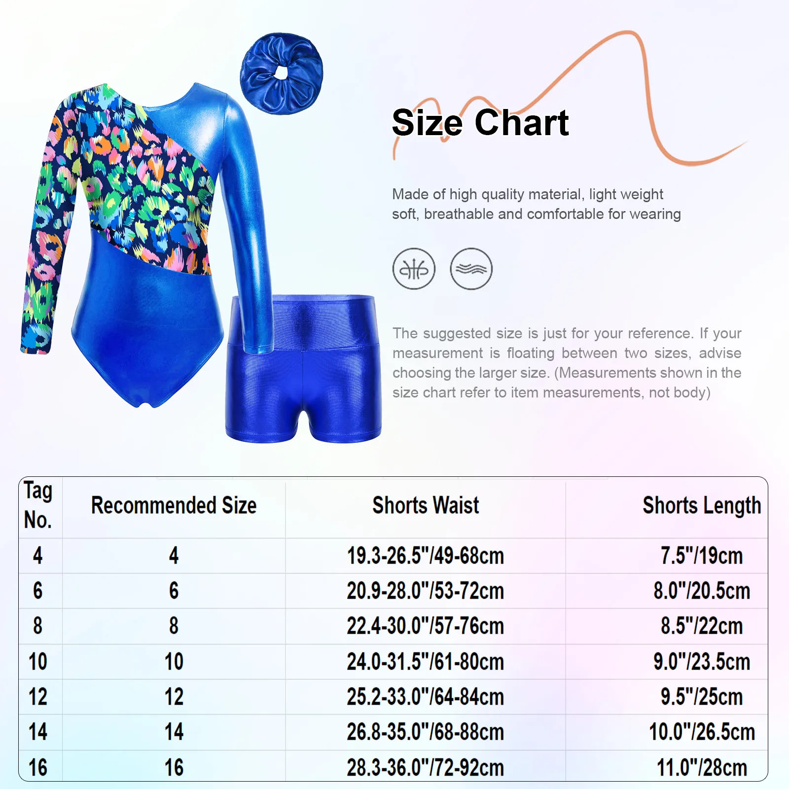 Kids Girls Gymnastics Performance Outfit Long Sleeve Printed Patchwork Leotard Metallic High Waist Shorts Hair Band