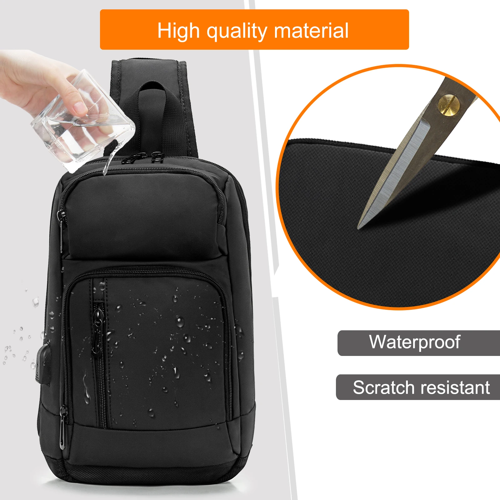 KINGSLONG-Bolsa Multifuncional de Peito com Porta USB para Homens, Impermeável, Versátil, Esportes, Viagem, Um Ombro, 13.78\