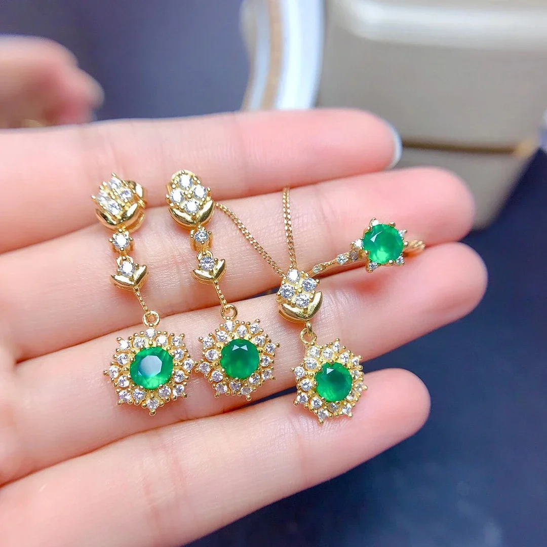 

Natural Chalcedony Gemstone Earrings Ring Necklace for Women Real 925 Sterling Silver Green Stone Wedding Jewelry Set