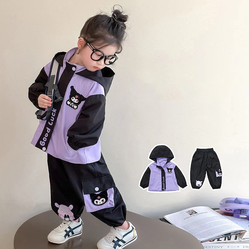 

Комплект верхней одежды и брюк для девочек Kuromi, детская куртка с капюшоном из мультфильма, комплект из двух предметов, детская весенне-осенняя спортивная одежда