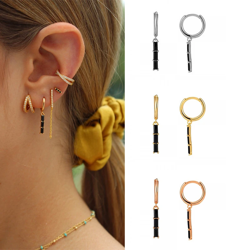 

ISUEVA Trendy Gold Filled Hoop Earrings For Women Black Zircon Bamboo Drop Earring Oorbellen Party Jewelry Wholesale