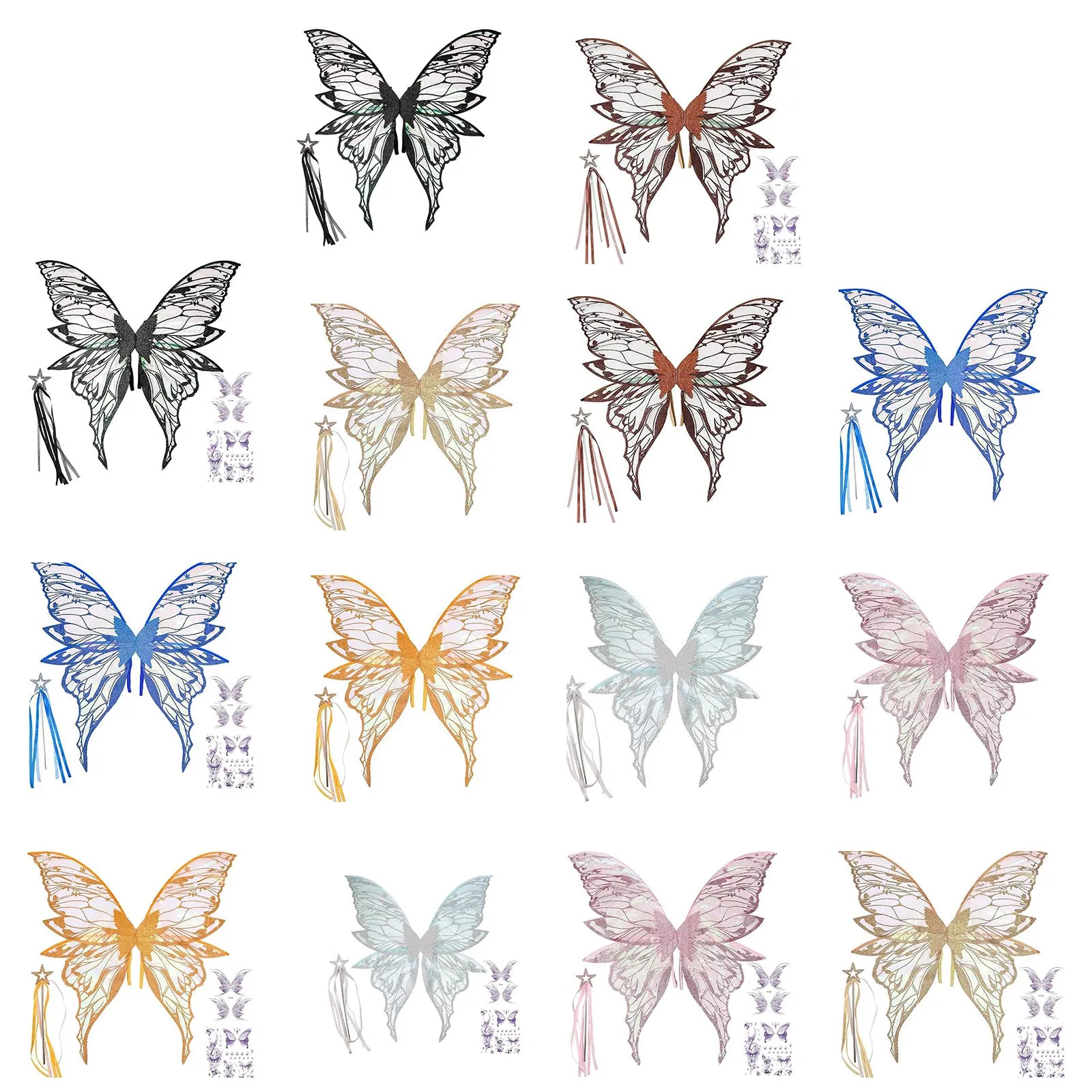 Mulheres meninas borboleta fada elfo asas com estrela varinha e adesivos para halloween cosplay traje aniversário natal fotografia