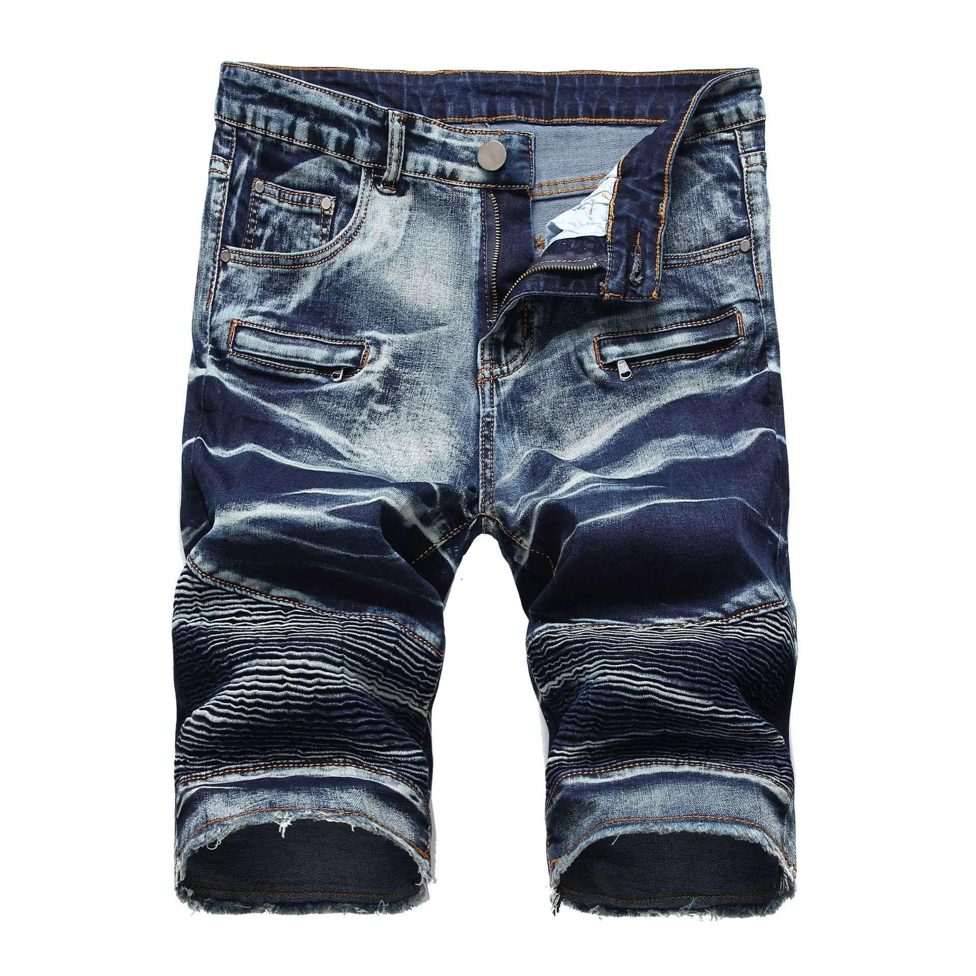 Fashion Men's Summer Pants Y2k Streetwear Motorcycle Slim Shorts Jeans Mid-stretch Pleated Denim Shorts Youth Causal Short Pants