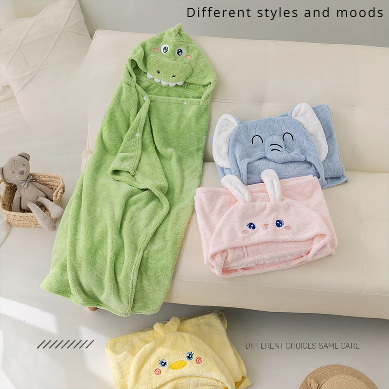 Children\'s Plush Hooded Bath Towel Cartoon Coral Velvet Baby Absorbent Quick Drying Hooded Cape Bathrobe Cute Hooded Bath Towel