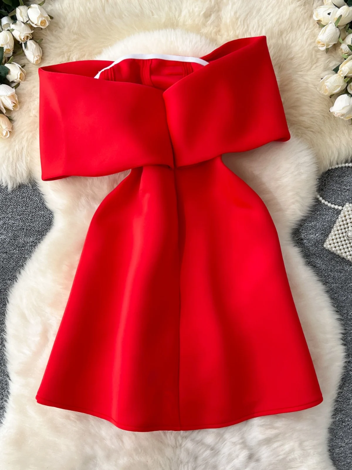 Ele  Knot Design Women's Par Dr High Waist A-Line Skirt Slimming Gown Korean Sle Long Sve Mid-Length