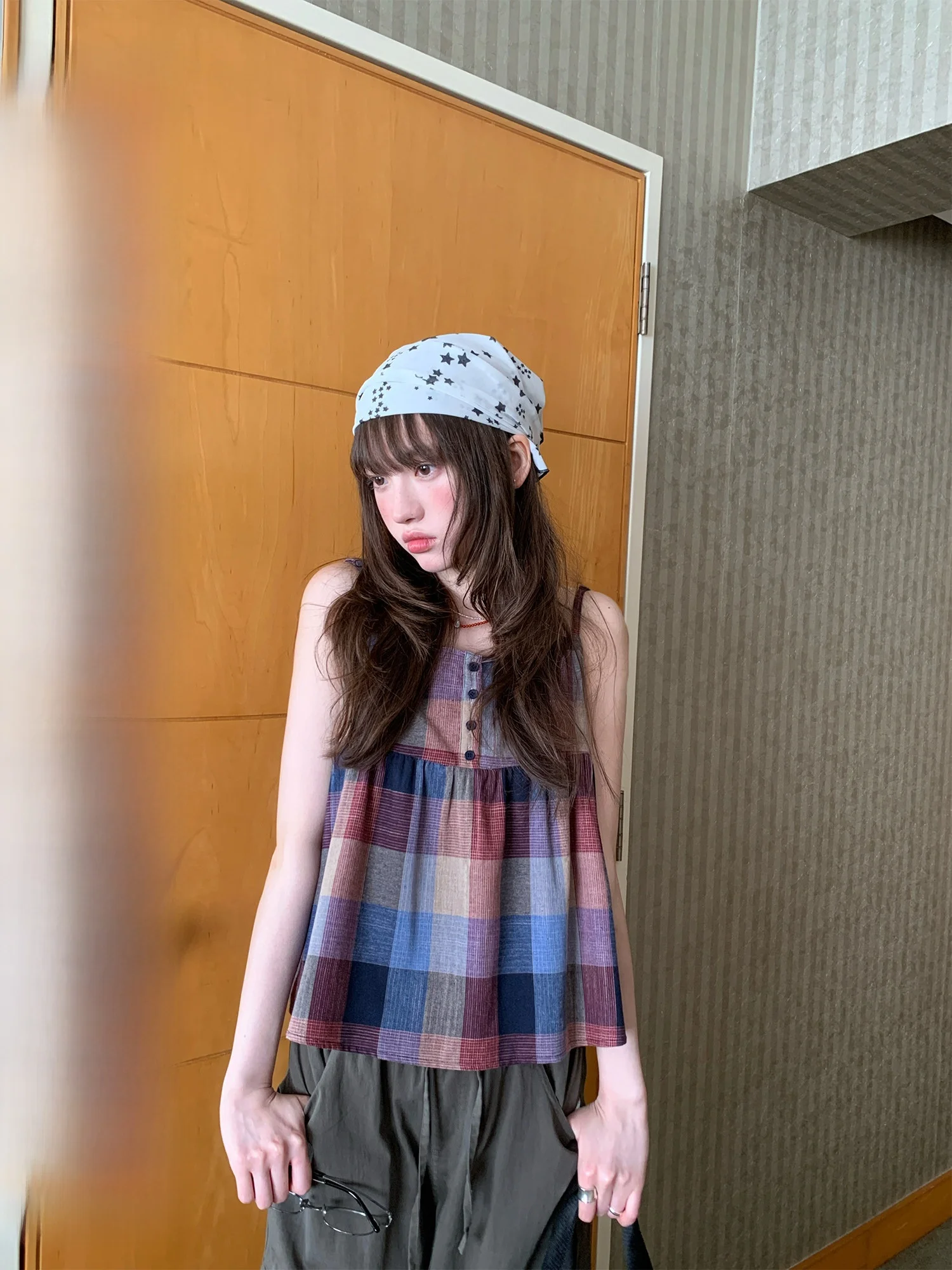 

Rainy Korean Sle Loose Classic Plaid Retro Strap Top Thin Design Women's Vest Summer ort Sve Casual Outfit