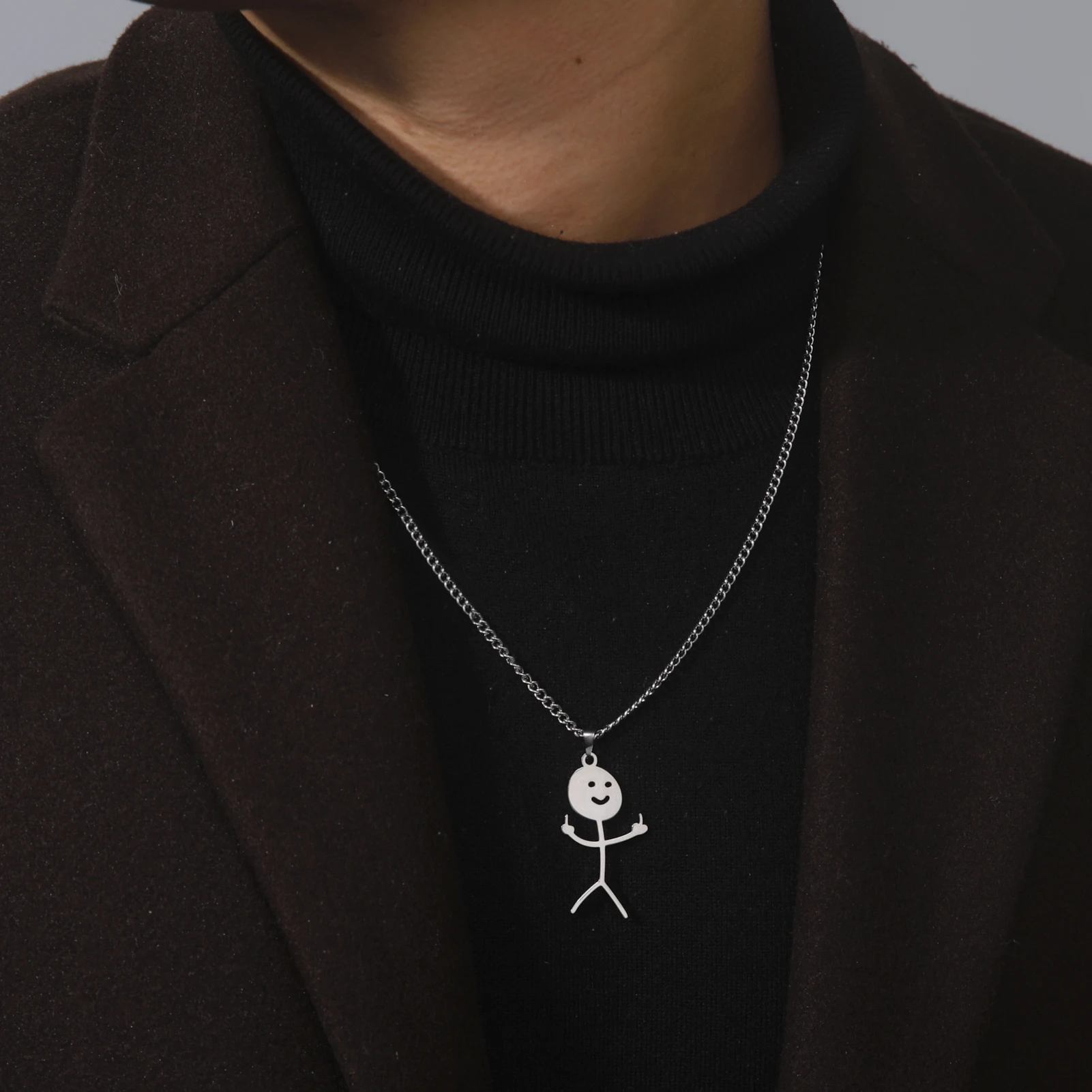 Skyrim Hip Hop Doodle Halskette für Männer Frauen Edelstahl Lange Hals Kette Mode Mittelfinger Stickman Schmuck Neu – Detail 8