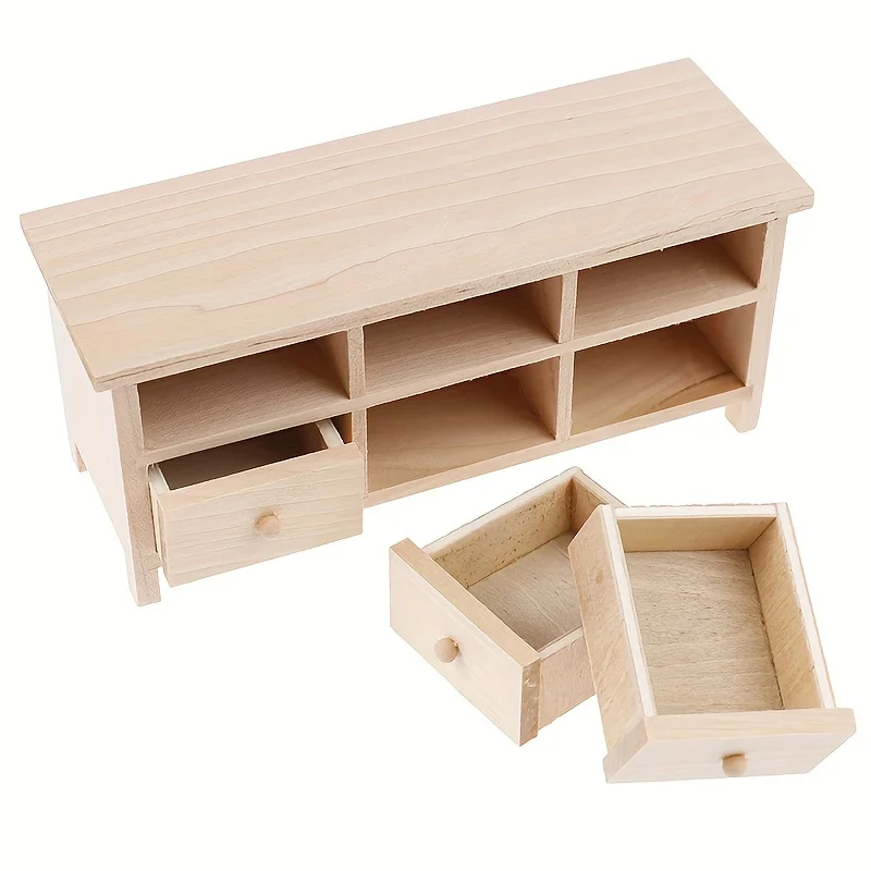 

1pc Dollhouse Mini Wooden Miniature Drawer TV Cabinet Handmade Model Playhouse Living Room Scene Storage Cabinet Decoration