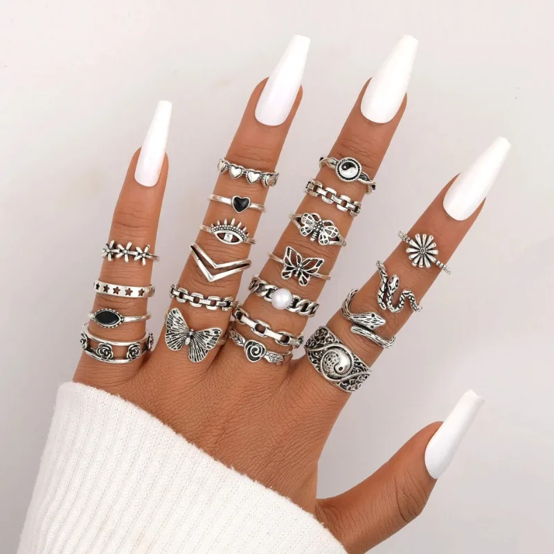 Creative Retro Butterfly Love Hear Women's Ring Set Female Geometric Flower Multi Piece Joint Ring Set Женская Бижутерия Тренд