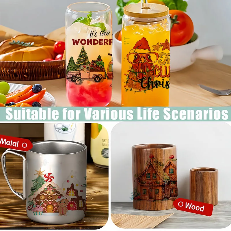 クリスマス スナタ ツリー UV DTF カップラップ 転写防水ステッカー ガラスカップ用 家具クラフト DIY クラフト 2個