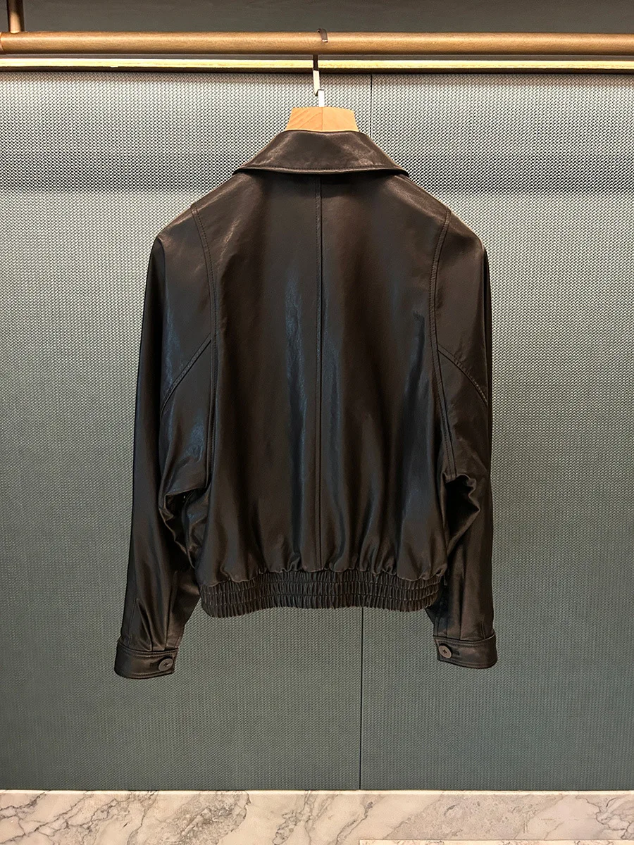 Chaqueta de vuelo de manga corta para mujer de cuero genuino negro abrigo de piel de oveja Vintage