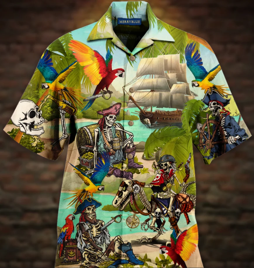 

Hot Sale Hawaiian Mens Shirts Skeleton Pirate and Parrot Men Cool Summer Vacation Beach Casual Shorts Sleeve Shirts