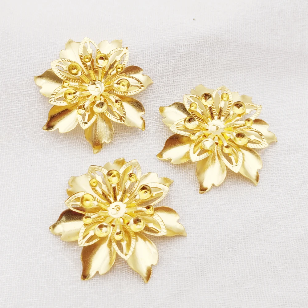 10/50 PCS diy Jewelry Accessories 37mm Gold color Metal Filigree Multi-layer Flowers Slice Charms Base Setting Making Findings