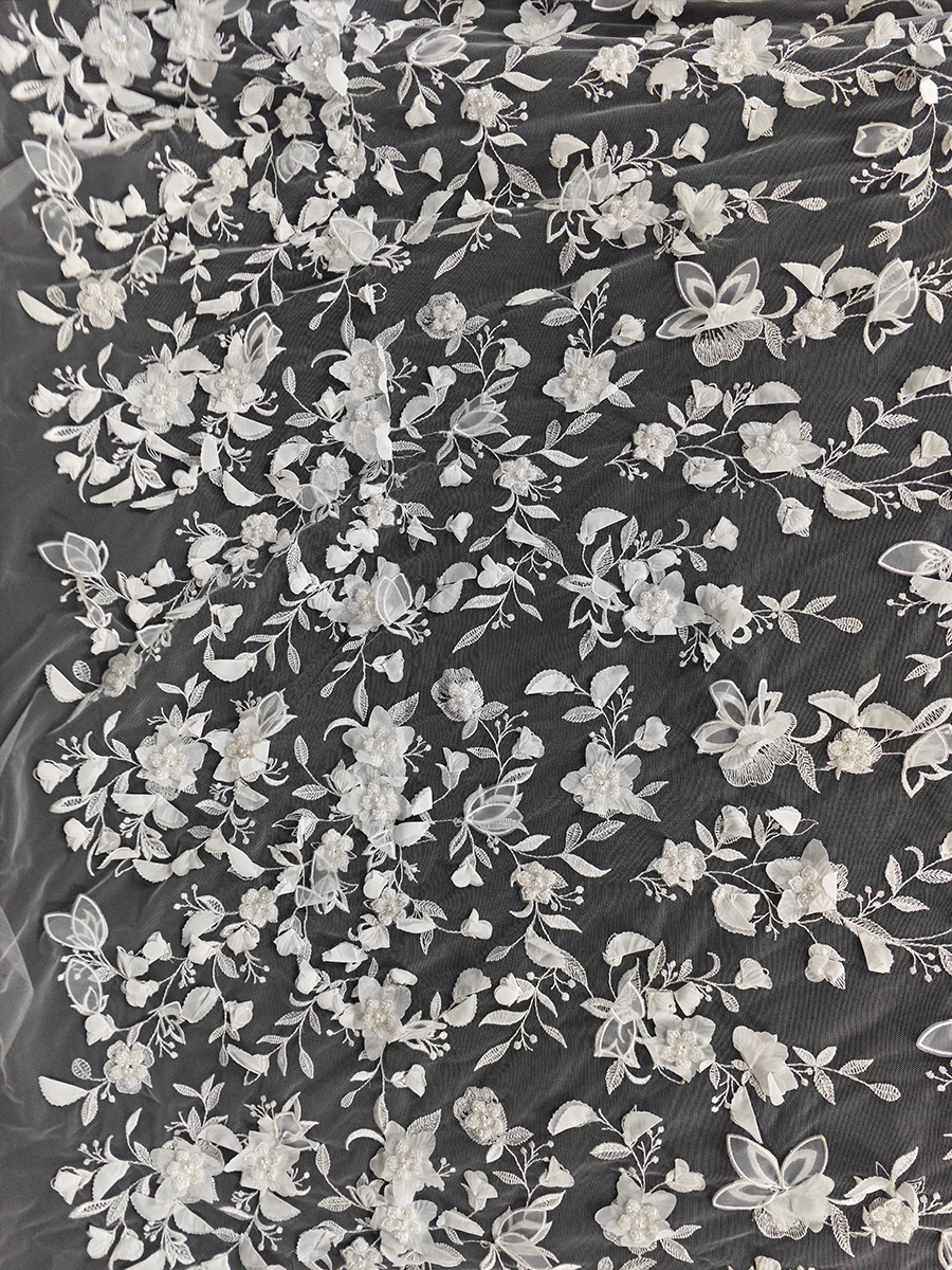 White lace three-dimensional flower bead embroidery fabric sewing fashion dress wedding dress evening dress DIY lace accessories