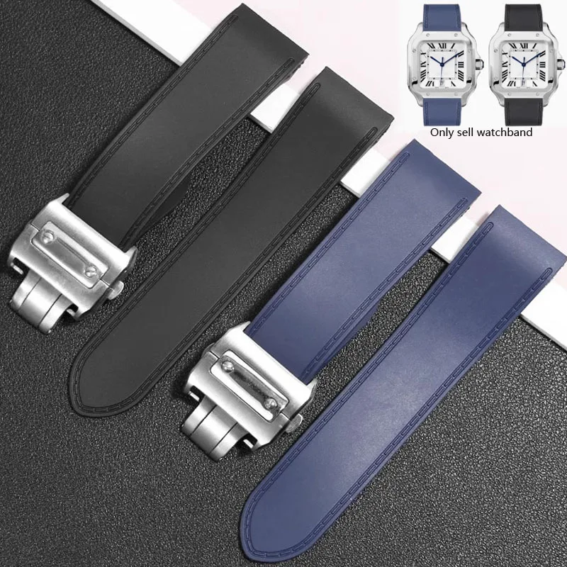 

Силиконовый водонепроницаемый ремешок для часов Cartier Santos 100, резиновые ремешки, 23 мм, 25 мм, складная застежка из нержавеющей стали, черный, синий браслет