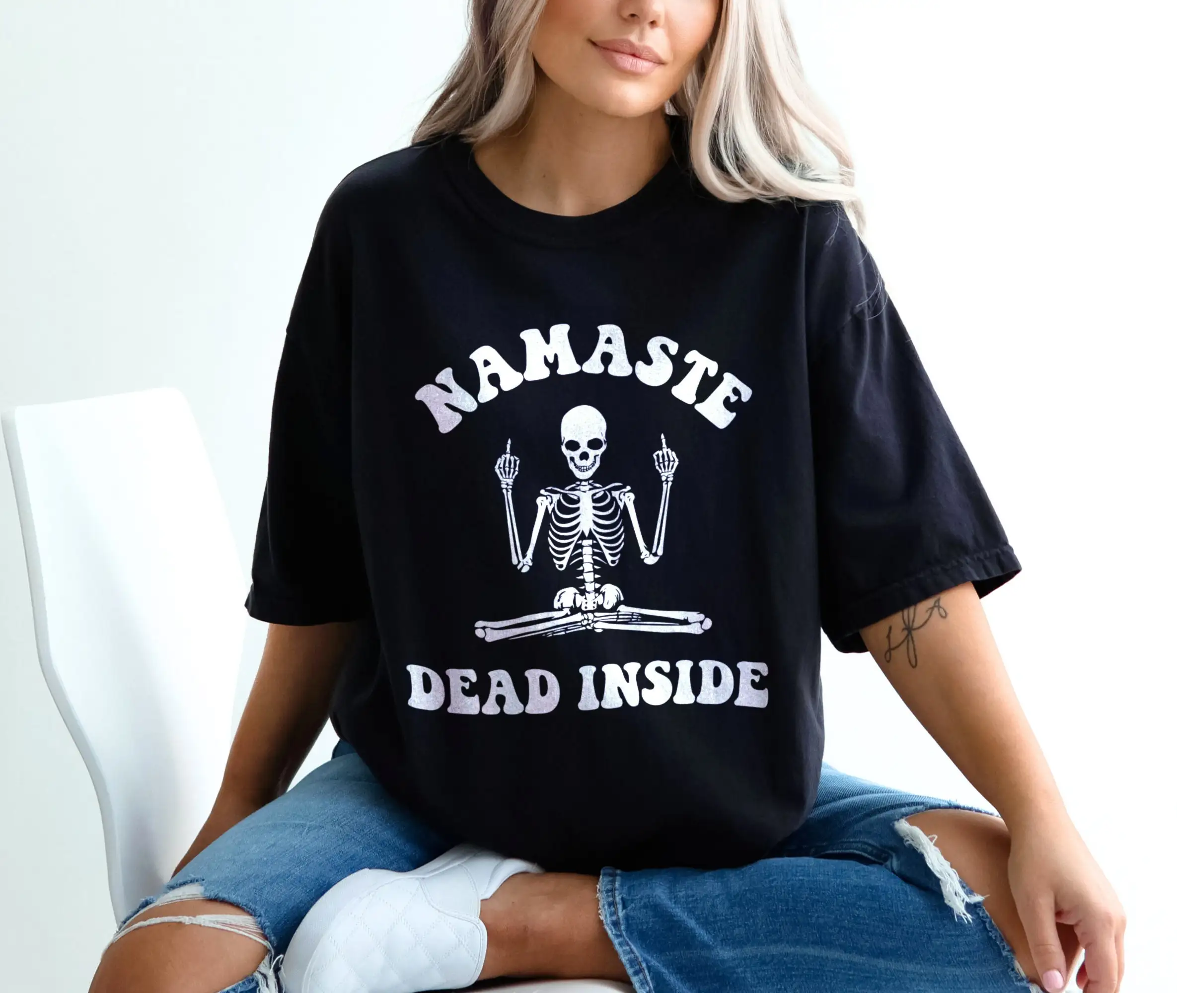 Футболка с надписью «Namaste Dead Inside», Забавный Хэллоуин, Йога, я скелет, влюбленный, средний палец