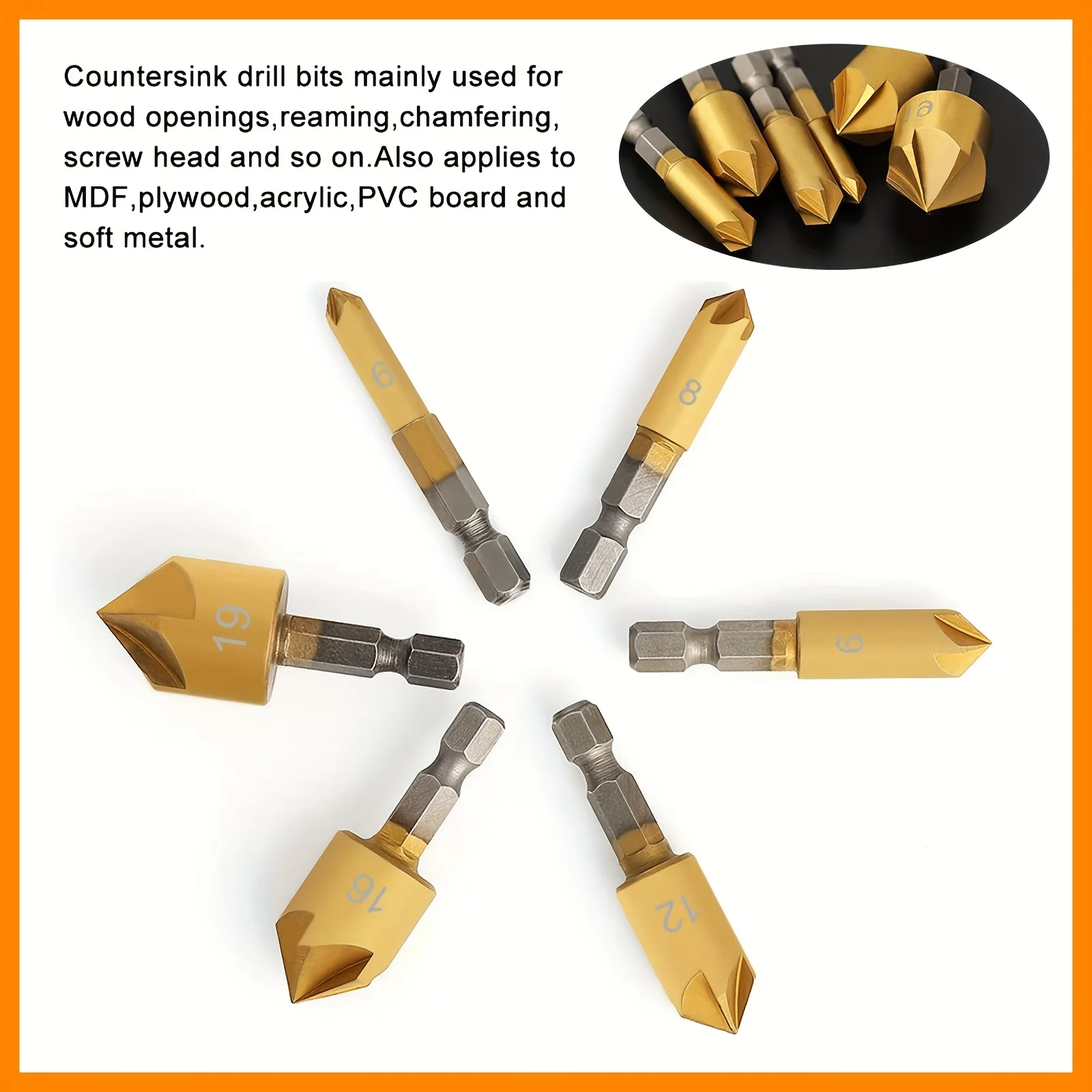 

6pcs Hexagonal Handle Titanium Plated Five Edge Chamfer for Reaming and Chamfer Woodworking Drill Set Made of High Speed