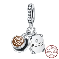 New In 925 Sterling Silver Daily Coffee Cup Book Pendant Charms Jewellery Fit Original 925 Bracelet For Women DIY Gift
