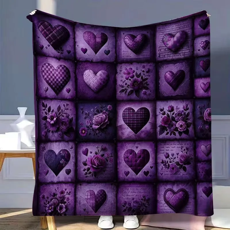 Vintage Purple Heart Floral Throw Blanket, Retro Patchwork Rose Plaid Print Fleece Blanket, Soft Romantic Decorative Blanket for Bedroom Sofa