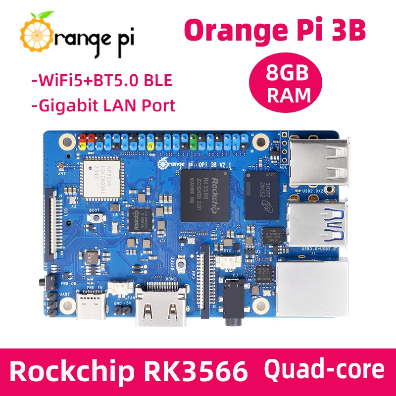 Orange Pi 3B 8GB RAM Rockchip RK3566 Quad-core 64bit 1.8GHz WiFi 5 BT 5.0 BLE Giabit LAN support eMMC PCIe2.0 NVME Demo Board