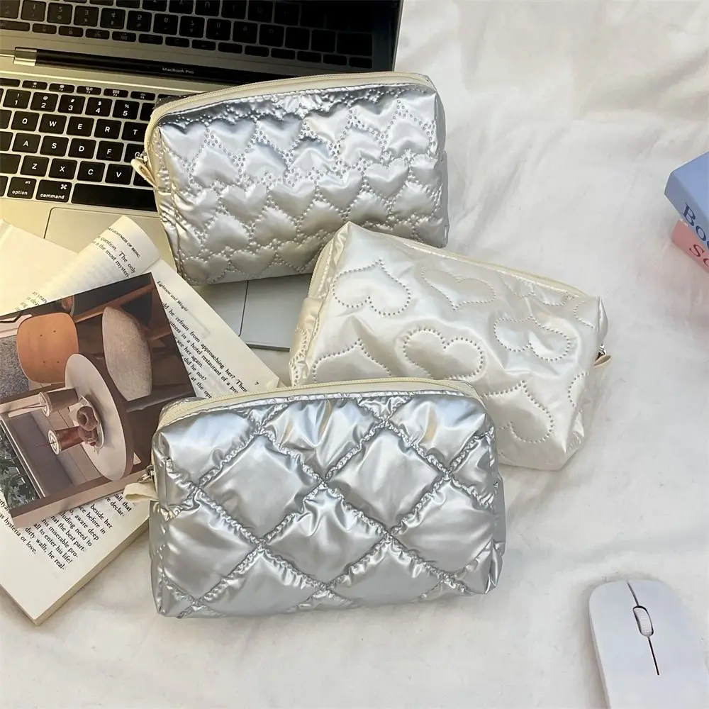 Love Rhombus Shape Silver Cosmetic Bag Korean Style PU Stuffed Cotton Storage Bag Bow Large Capacity Stationery Bag Outdoor