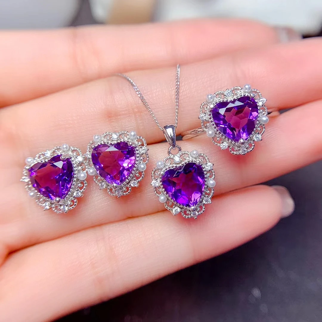 MeiBaPJ Natural  Amethyst Love Heart Fine Wedding Jewelry Set 925 Pure Silver Necklace Ring Earrings 3 Pieces Suit for Women