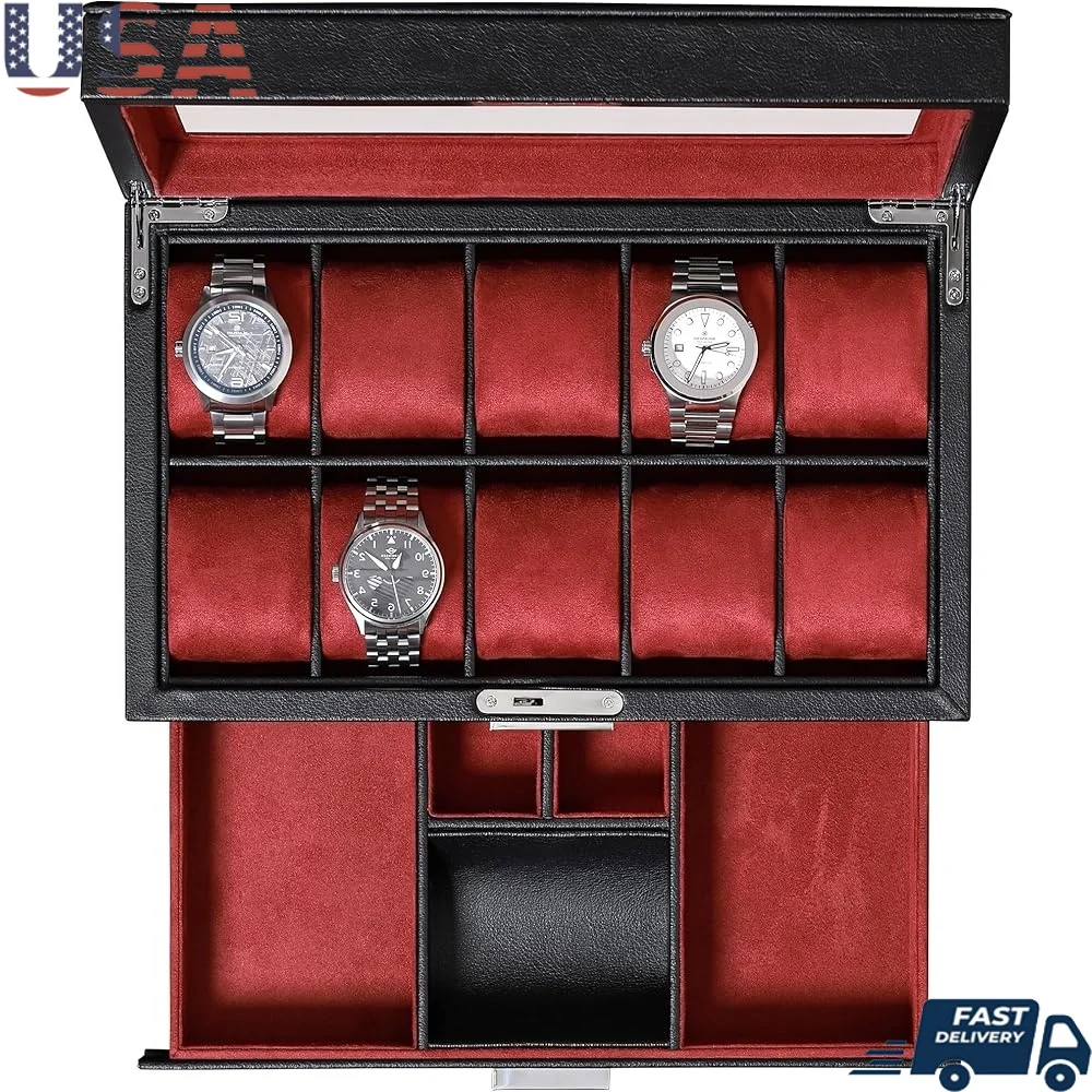 

10 Slot Watch Box Leather Valet Drawer Luxury Organizer Display Case Soft Liner Jewelry Storage Ideal Gift Watch Collectors