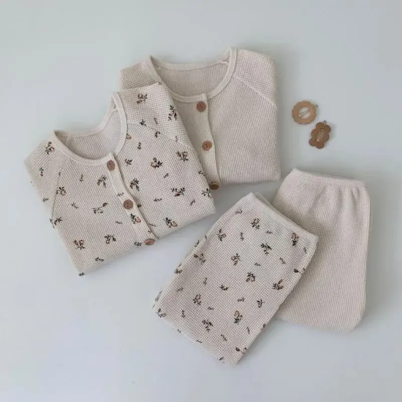 Cute Toddler Baby Clothes Sets 2pcs Fashion Girls Boys Long Sleeve Waffle Button Tops+leggings Pants Baby Set Outfits 0-24 M image 2