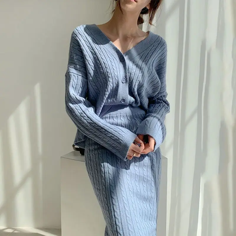 Ensemble pull et jupe minces à col en V pour femmes, torsades de pâte frite, robe de soirée sexy, cardigan élégant, 2 pièces