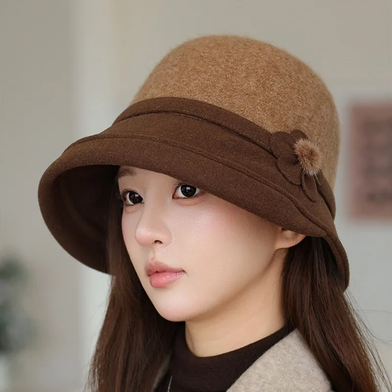 Women French Hepburn Style Rabbit Hair Blend Bucket Hat Autumn Winter Thickened Warm Versatile Elegant Wool Fisherman Hats