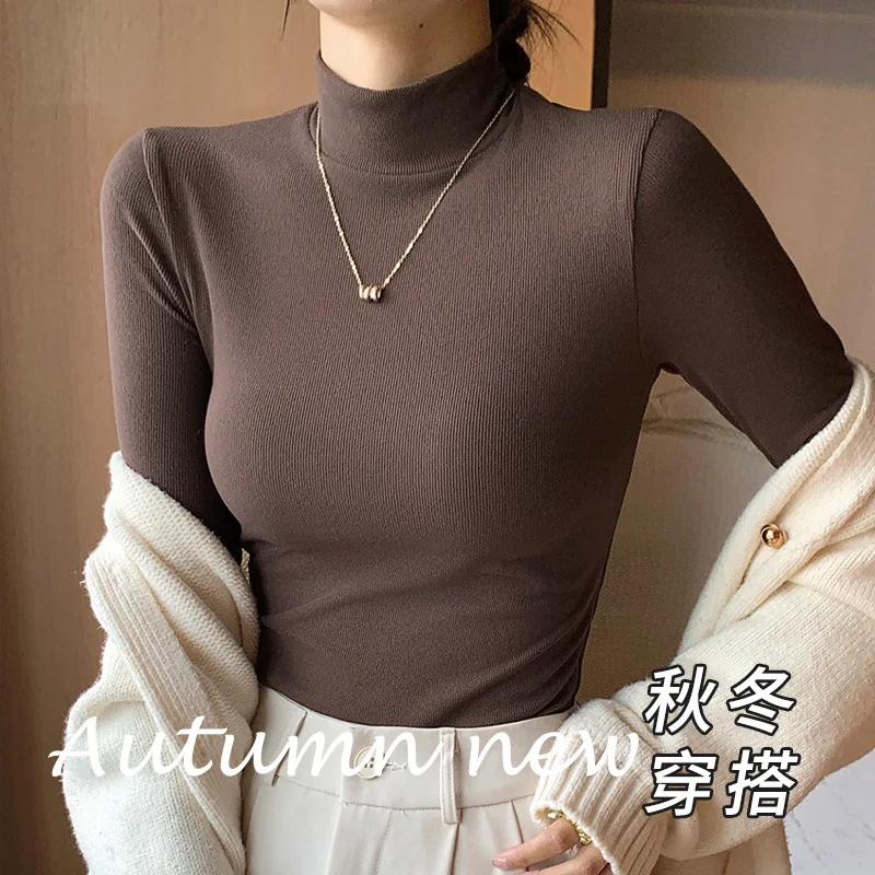 Women Mock Neck Ribbed Long Sleeve T‑Shirt Slim Fit Solid Color Basic Tee Elastic Casual Autumn Winter Layering Undershirt Tops